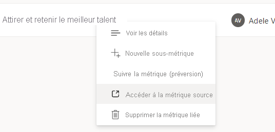 Capture d’écran montrant l’option permettant d’accéder à la métrique source.