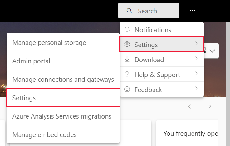 Capture d’écran de Power BI, mettant en surbrillance Paramètres et Paramètres.