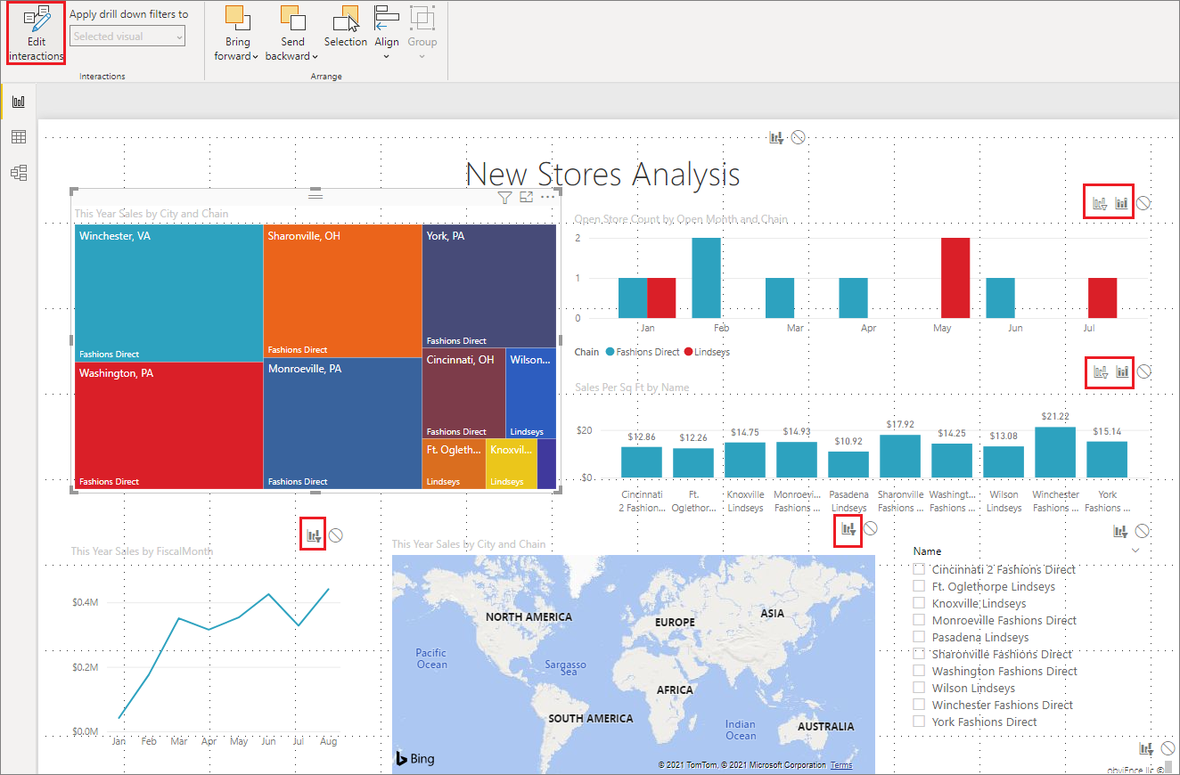 Capture d’écran de la page de rapport avec l’option Interactions visuelles activée.