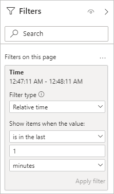 Capture d’écran montrant une carte de filtre avec un type de Filtre Temps relatif sélectionné.