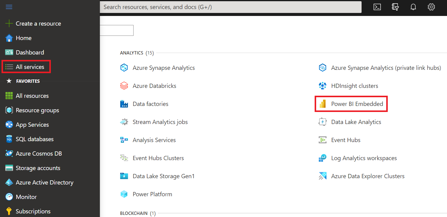 Screenshot of the Azure portal, which shows the Azure services list.