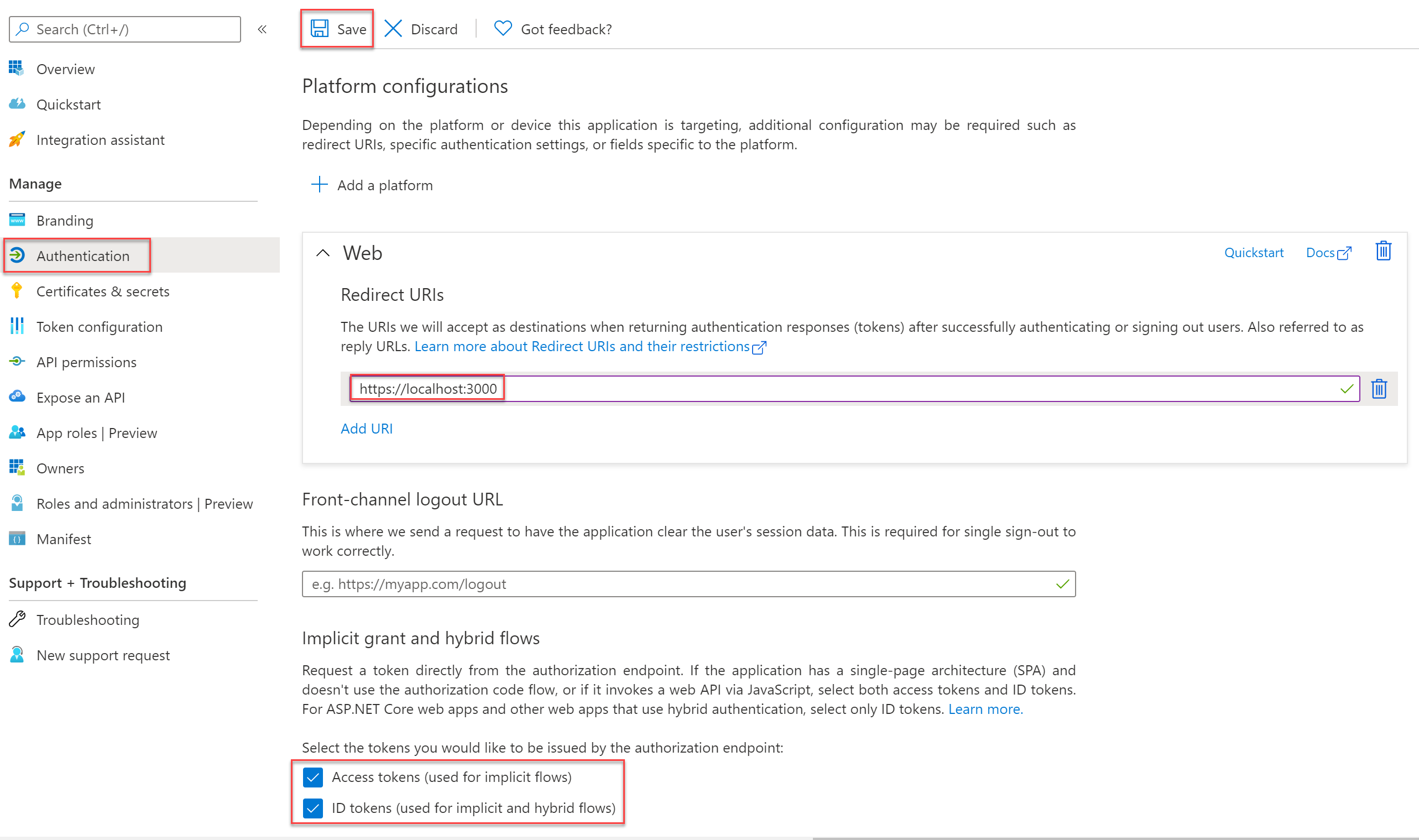 Capture d’écran de la fenêtre Portail Azure, qui montre les configurations d’authentification de l’application Microsoft Entra et l’URI de redirection web pour localhost 3000.