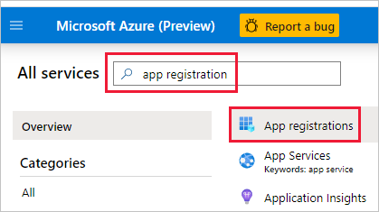 Capture d’écran du portail Azure, avec une inscription d’application dans la zone de recherche. Celle-ci et l’icône Inscriptions d’applications sont en évidence.