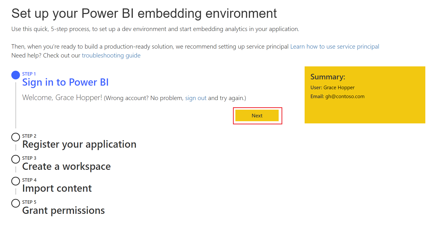 Capture d’écran de l’outil de configuration de l’analytique incorporée Power BI une fois que l’utilisateur s’est connecté à Power BI. Le bouton Suivant est mis en évidence.