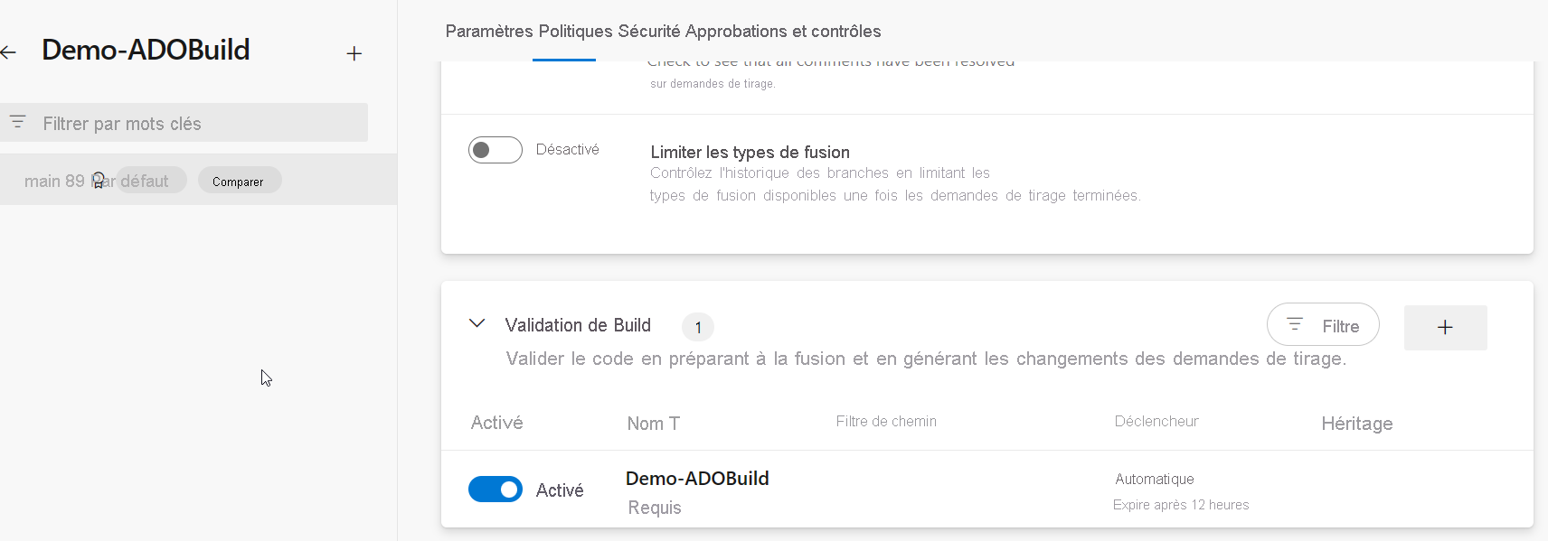 Capture d’écran montrant la deuxième partie de l’interface utilisateur de la stratégie de build.