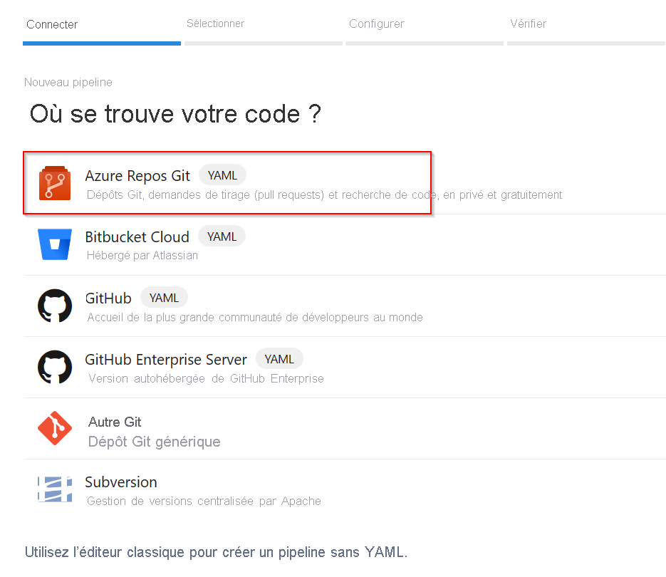 Capture d’écran montrant le référentiel Azure Git sélectionné comme source de code pour le pipeline.