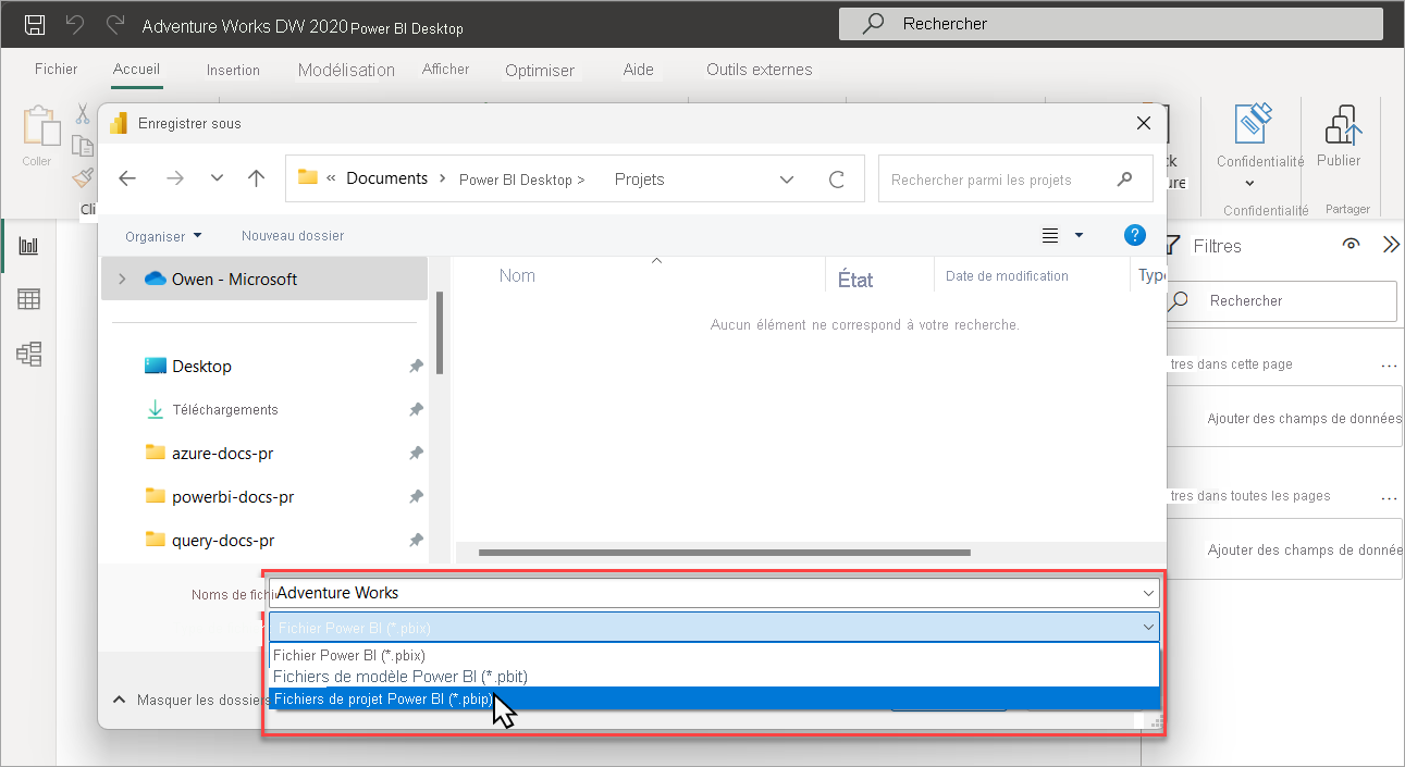 Capture d’écran illustrant l’enregistrement d’un fichier en tant que projet Power BI