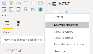 Capture d’écran montrant le bureau Power BI avec l’option Nouvelle hiérarchie sélectionnée dans un menu contextuel.