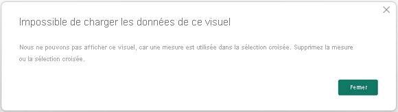 Capture d’écran du message d’erreur lorsque les validations sont désactivées et que les champs ne sont pas hiérarchiquement liés. Le message indique « Impossible de charger des données pour ce visuel ».