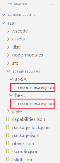 Une capture d’écran de VS Code d’un dossier de projet visuel. Chaque sous-dossier du dossier des ressources de chaînes possède un fichier resources.resjson.