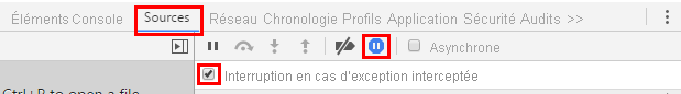 Capture d’écran montrant l’onglet Sources avec l’option Interruption en cas d’exception interceptée sélectionnée.
