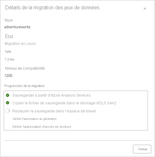 Model migration details showing progress.