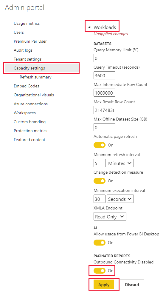 Capture d’écran du paramètre de connectivité sortante pour les rapports paginés.