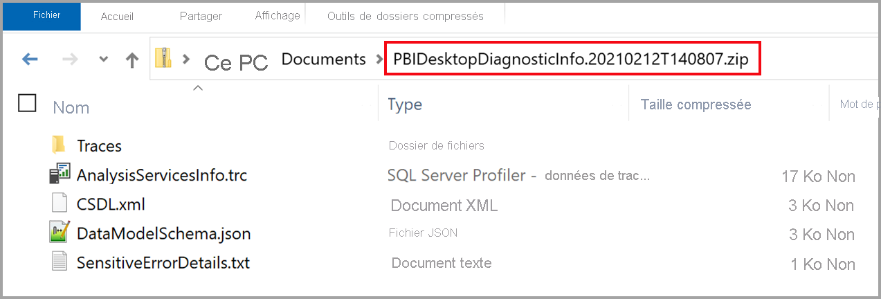 Screenshot of an Explorer window showing the path to the diagnostics ZIP file and the contents.