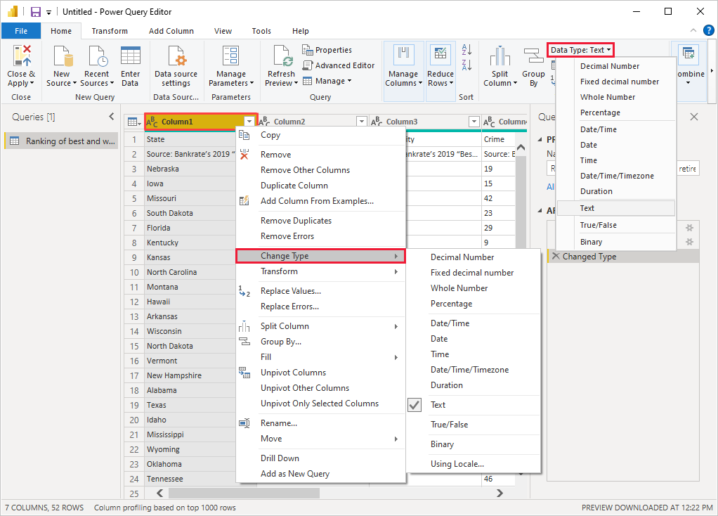 Capture d’écran de Power BI Desktop montrant l’option Modifier le type de données.