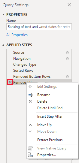 Capture d’écran de Power BI Desktop montrant les options de modification des étapes appliquées.