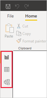 Capture d’écran de Power BI Desktop montrant les icônes Rapport, Données et Modèle.