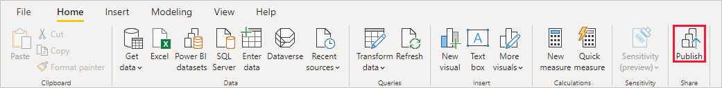 Capture d’écran de Power BI Desktop montrant l’option Publier.