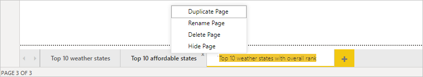 Capture d’écran de Power BI Desktop montrant la barre des pages.