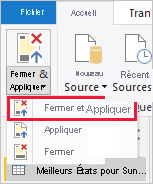 Capture d’écran de Power BI Desktop montrant l’option Fermer et appliquer les modifications.