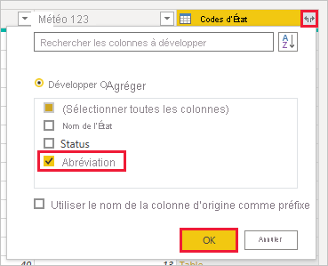 Capture d’écran de Power BI Desktop montrant la colonne d’abréviation des codes d’état.