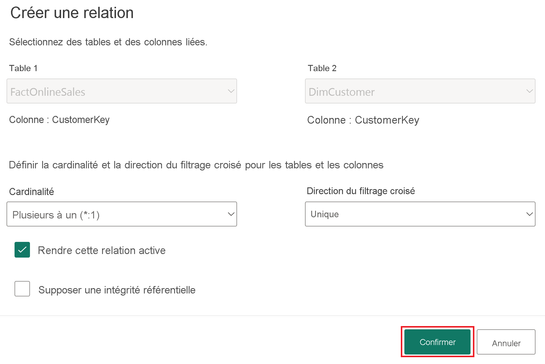 Capture d’écran de la relation entre les tables FactOnlineSales et DimCustomer.