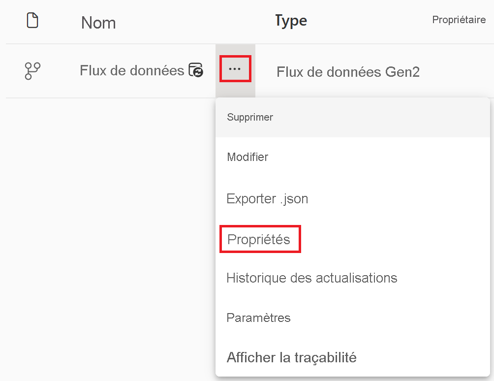 Capture d’écran des propriétés d’un flux de données dans un espace de travail.