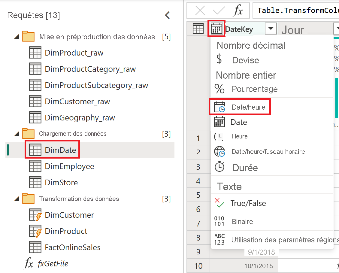 Capture d’écran de la modification des types de données dans l’éditeur Power Query.