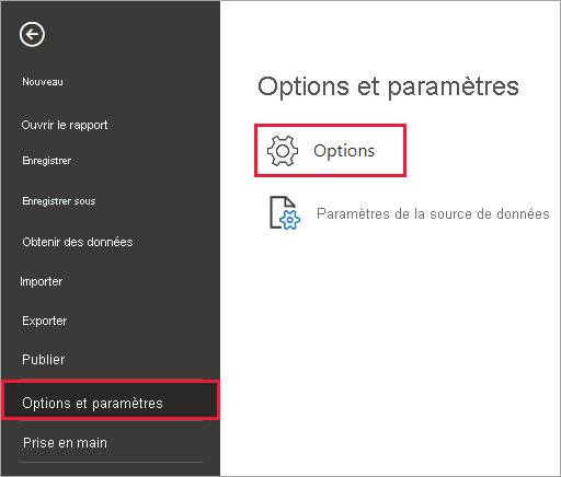 Capture d’écran du bouton Options dans Power BI Desktop.