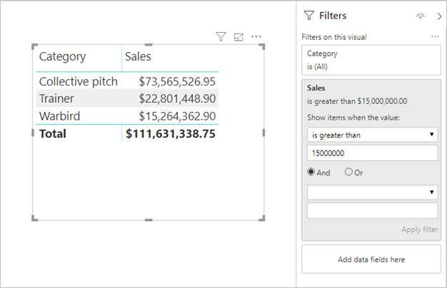 Capture d’écran montrant Power BI Desktop et les données tabulaires avec des filtres appliqués.