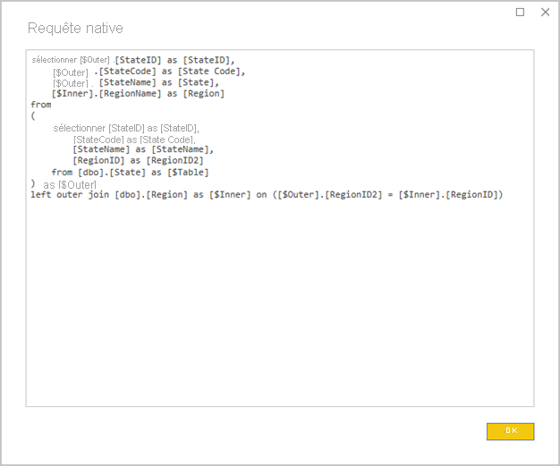 Capture d'écran de Power BI Desktop montrant la fenêtre Requête native. Une instruction de requête joint deux tables sources.