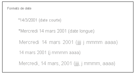 Capture d’écran présentant différents formats de date, tels que la date courte, la date longue et mmmm d, yyyy.