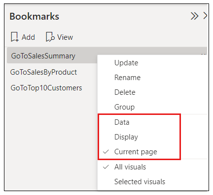 Screenshot shows the context menu for a bookmark with Data and Display unselected.