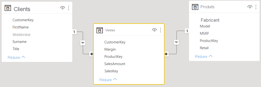 Screenshot showing Customers, Sales, and Products tables with interconnected relationships.