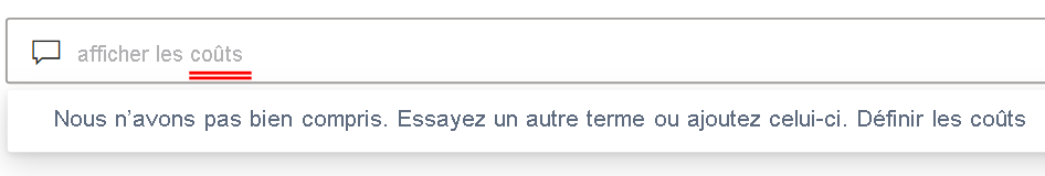 Capture d’écran montrant une phrase dans la zone de recherche de Questions et Réponses avec un mot doublement souligné en bleu.