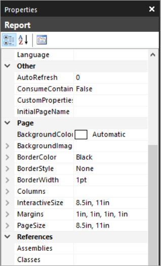 Capture d’écran du volet Propriétés du rapport.