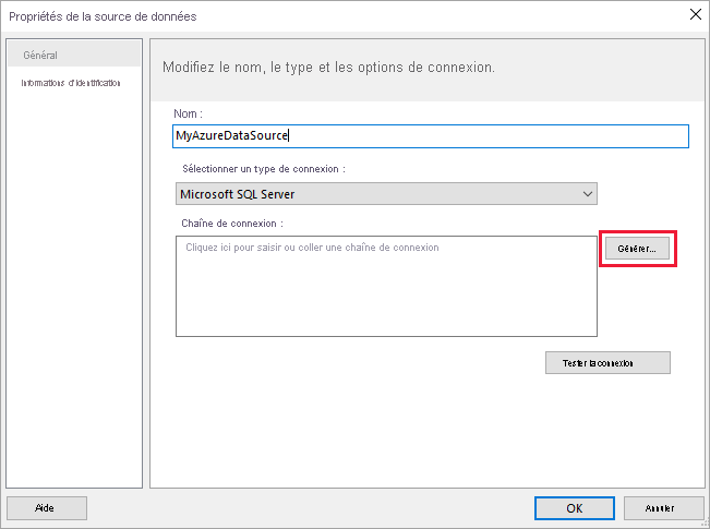 Capture d’écran montrant où sélectionner l’option Générer dans Propriétés de la source de données.