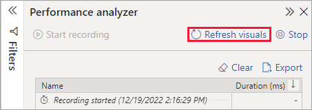 Capture d’écran du bouton Actualiser les visuels dans l’Analyseur de performances.