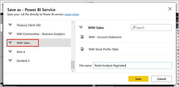 Capture d’écran montrant Enregistrer sous dans le service Power BI.