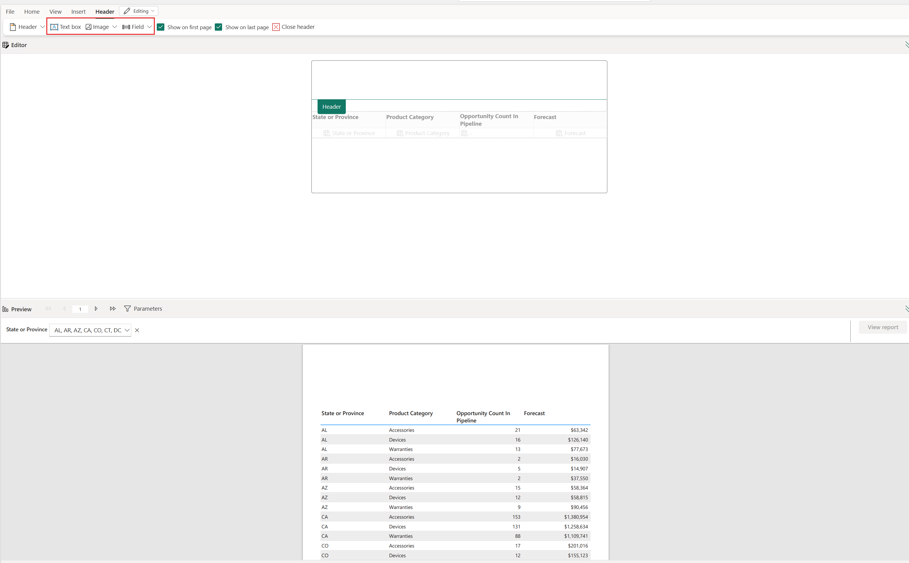 Capture d’écran des options de pied de page et d’en-tête.