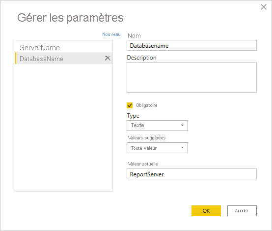 Manage Parameters, set servername and databasename.