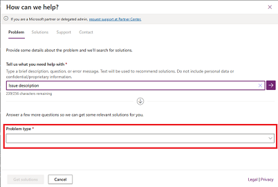 Capture d’écran de l’onglet Problème illustrant où sélectionner le type de votre problème.