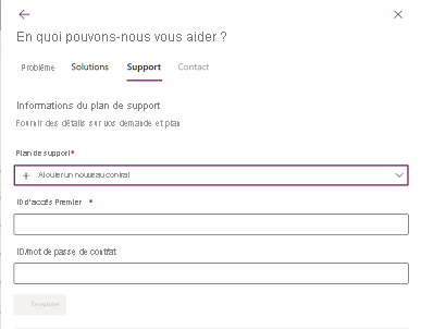 Capture d’écran de l’onglet Support illustrant où sélectionner Ajouter un contrat.