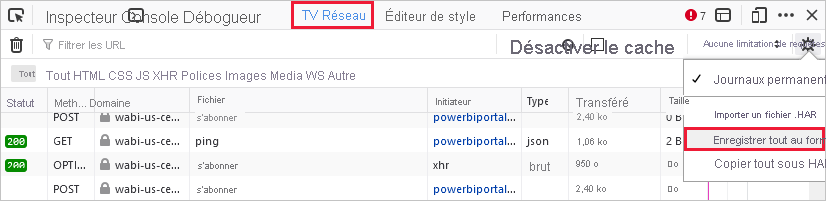 Capture d’écran de l’onglet Réseau avec le menu Impoter/Exporter en tant que HAR et l’option Enregistrer tout sélectionnée.