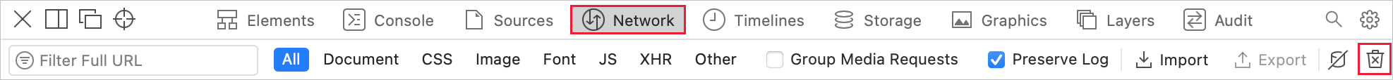 Capture d’écran du menu de l’inspecteur web avec l’onglet Réseau et l’option Effacer les éléments réseau sélectionnée.