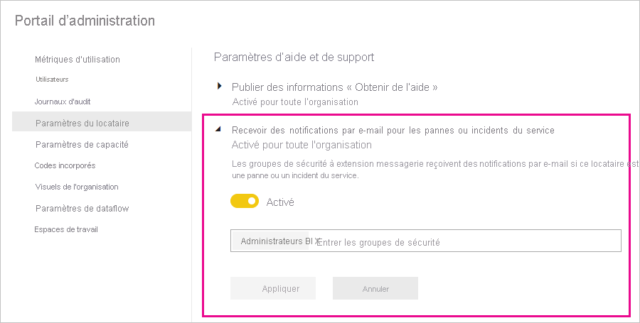 Capture d’écran de l’écran des paramètres du locataire Power BI activant les notifications de service.