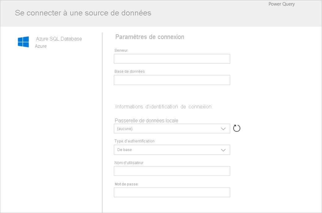 Capture d’écran du formulaire affiché après avoir choisi Azure SQL comme connecteur.