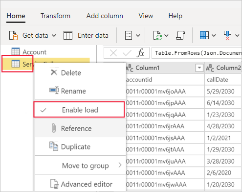 Capture d’écran du menu contextuel d’une table sélectionnée avec Activer la charge mis en évidence.