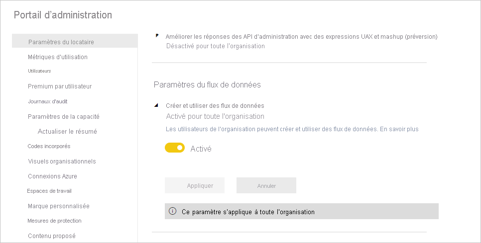 Portail d’administration pour les dataflows dans Power BI Premium