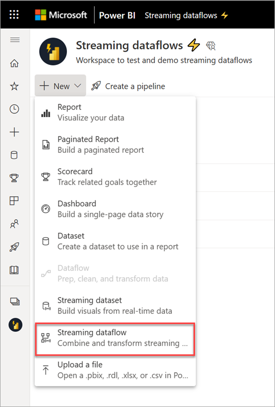 Capture d’écran montrant les options du menu Nouveau et la sélection de flux de données en streaming mise en évidence.